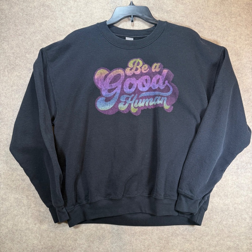 Gildan Sweatshirt Large Black Be a Good Human Glitter Graphic Pullover Crewneck